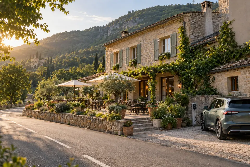 Illustrated countryside inn with a terrace and an electric car charging